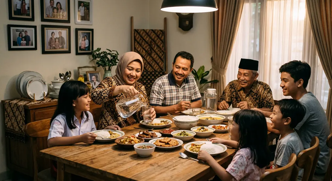 Keluarga Indonesia menikmati makan malam bersama